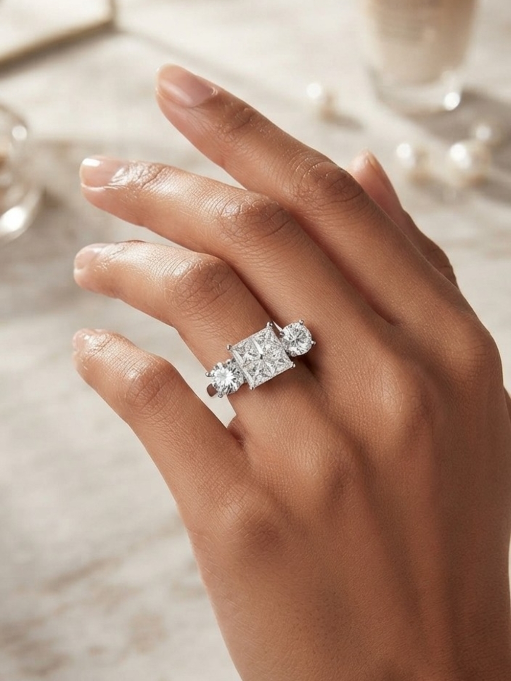 Silver Plated Princess Cut 3 Stone Engagement Ring Size 4.5